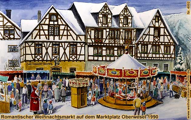 Romantischer Weihnachtsmarkt auf dem Marktplatz in Oberwesel 1990, Aquarell von Marcus Grff, www.weihnachtskarten-info.de Nr. 4202